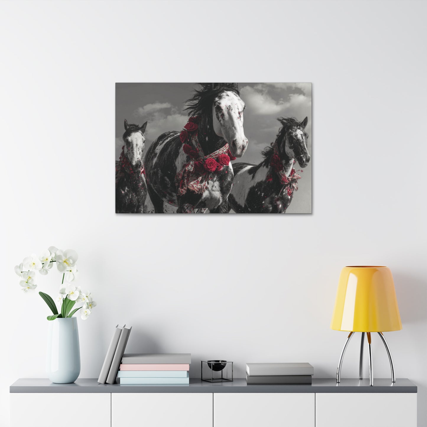 Crimson Stampede-Boho Running Horse Wall Art Print, Floral Horse Trio Canvas, Black and White Western Horse Decor