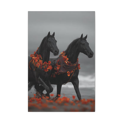 Autumn Noir-Black Horse Wall Art Print, Running Horse Pair Canvas, Floral Boho Horse Decor, Western Animal Artwork
