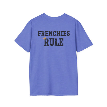 Blue t-shirt with 'FRENCHIES RULE' text on a white background