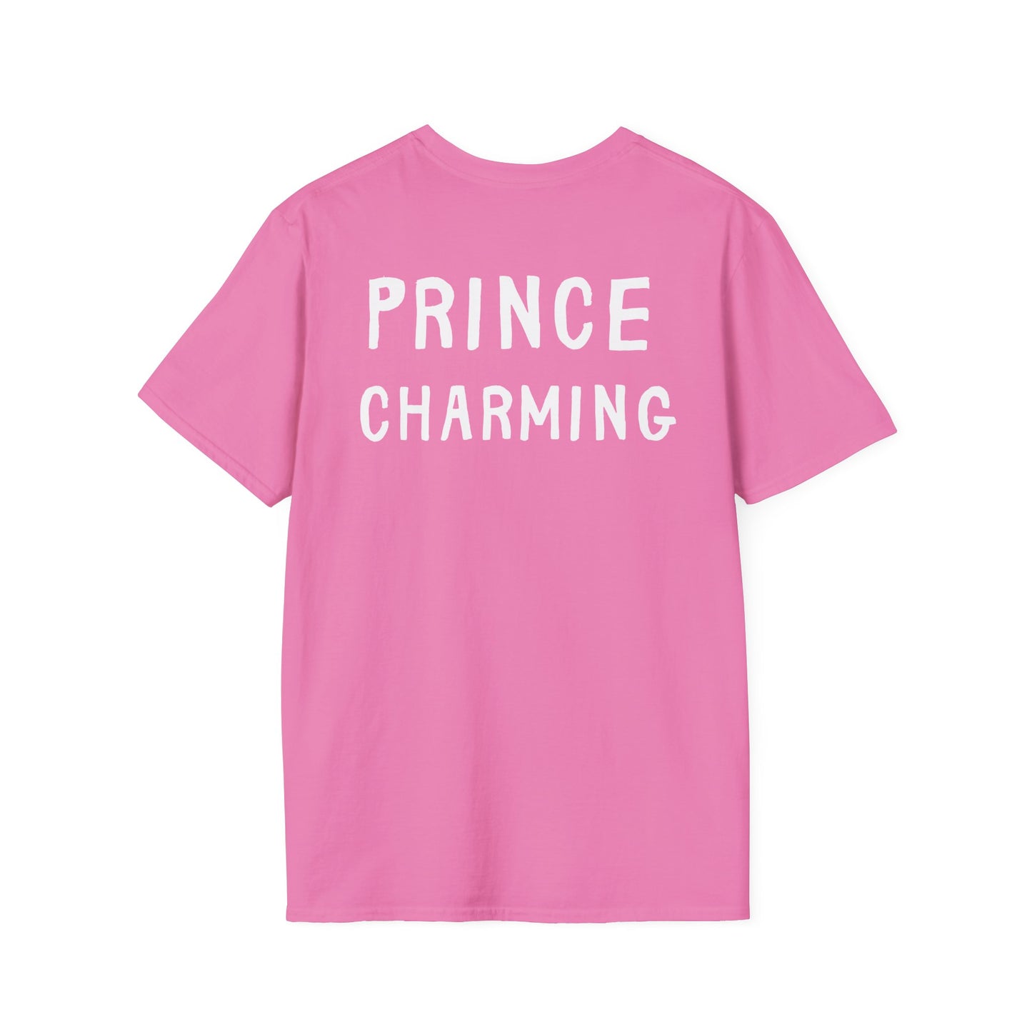 Pink t-shirt with 'PRINCE CHARMING' text on the back against a white background