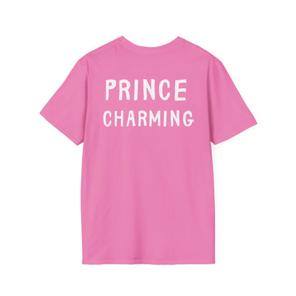 Pink t-shirt with 'PRINCE CHARMING' text on the back against a white background