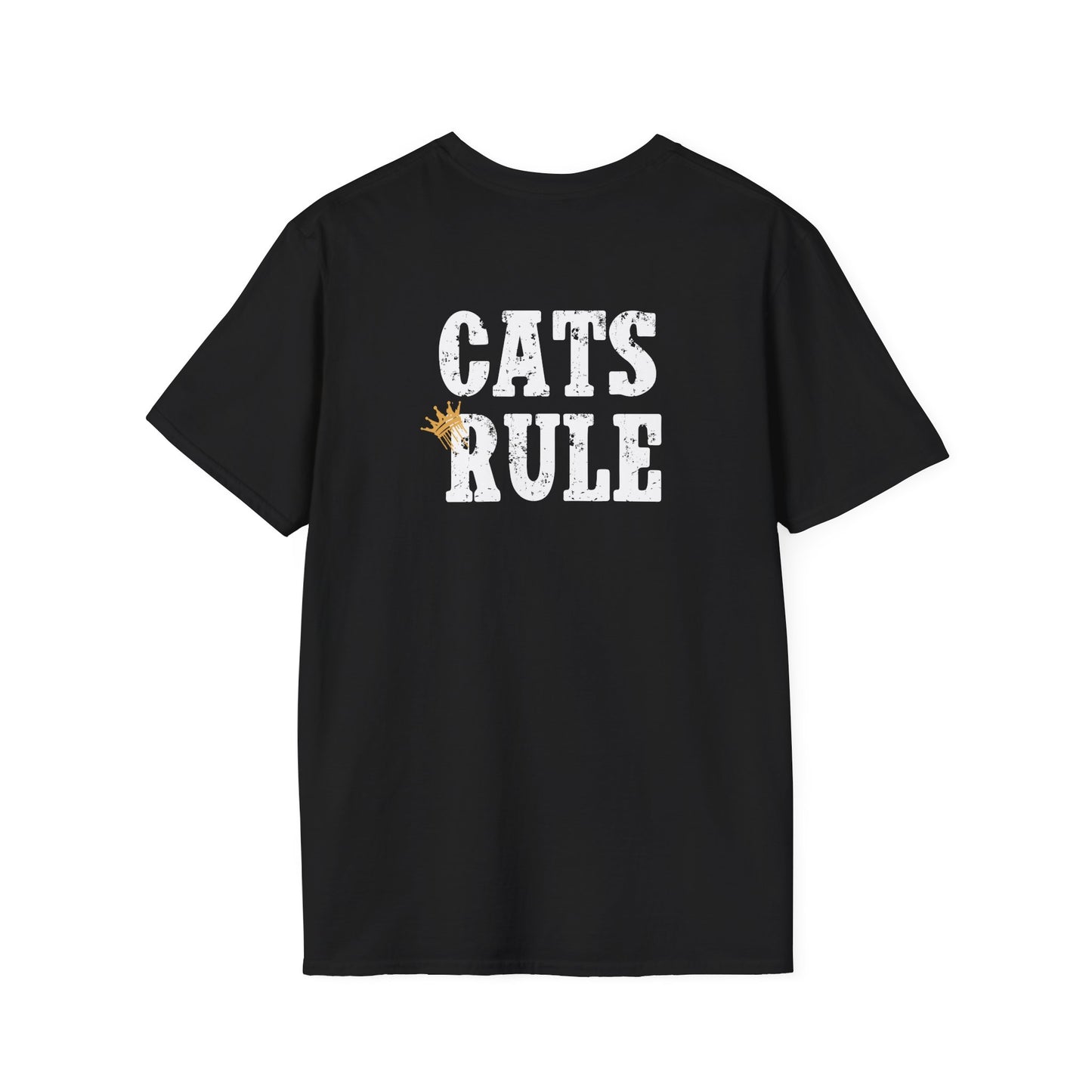 Black t-shirt with 'CATS RULE' text on a white background