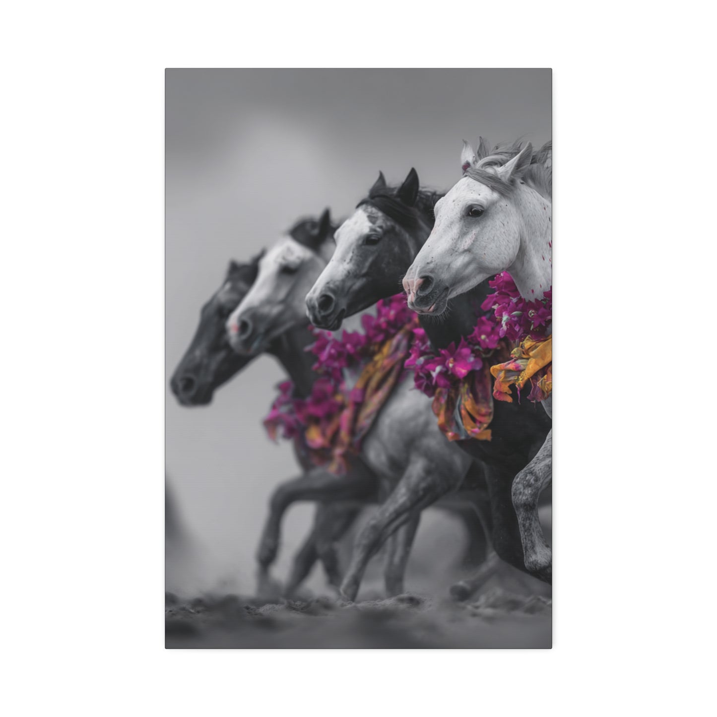 Fuchsia Fury-Running Horse Wall Art Print, Boho Floral Horse Herd Canvas, Pink Wild Horse Decor, Western Artwork