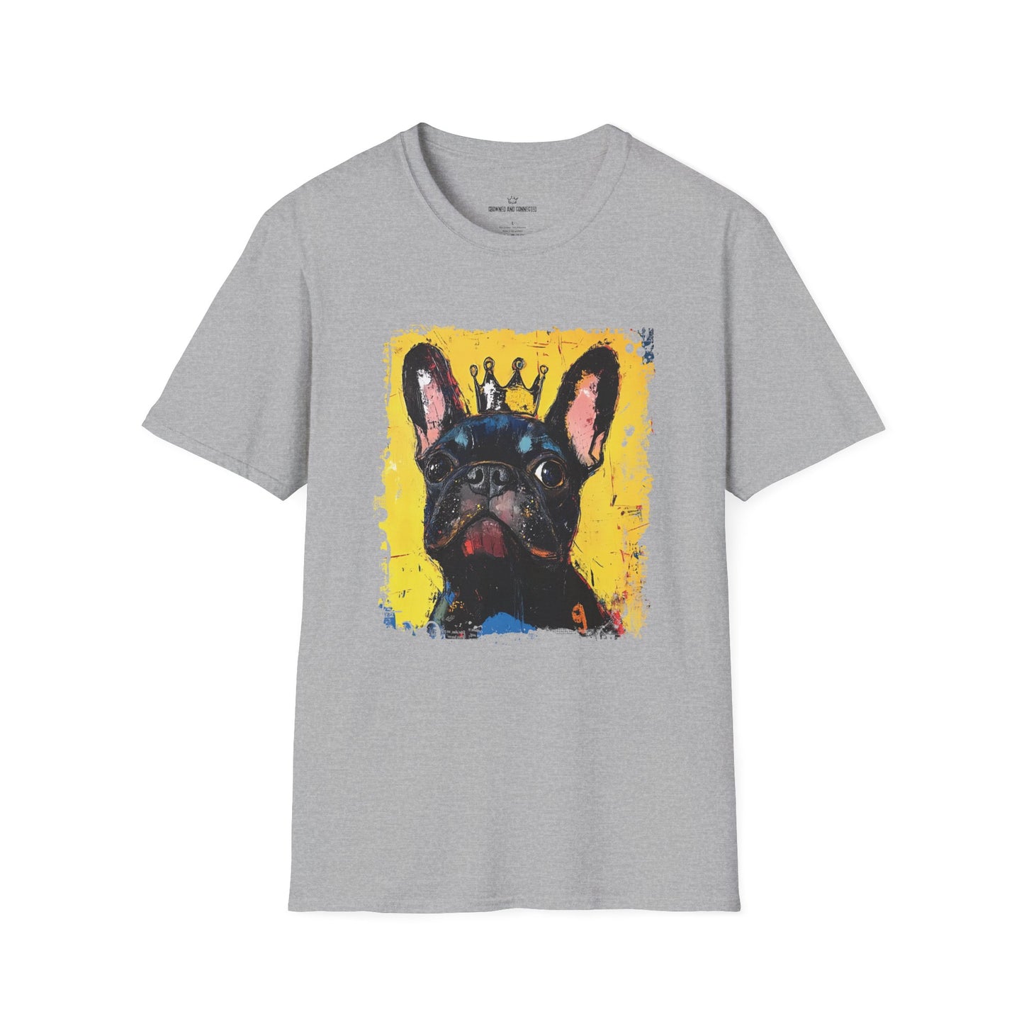 Gray t-shirt with a colorful French Bulldog  graphic on a white background