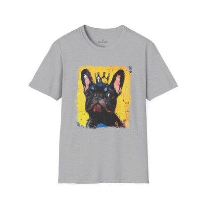 Gray t-shirt with a colorful French Bulldog  graphic on a white background