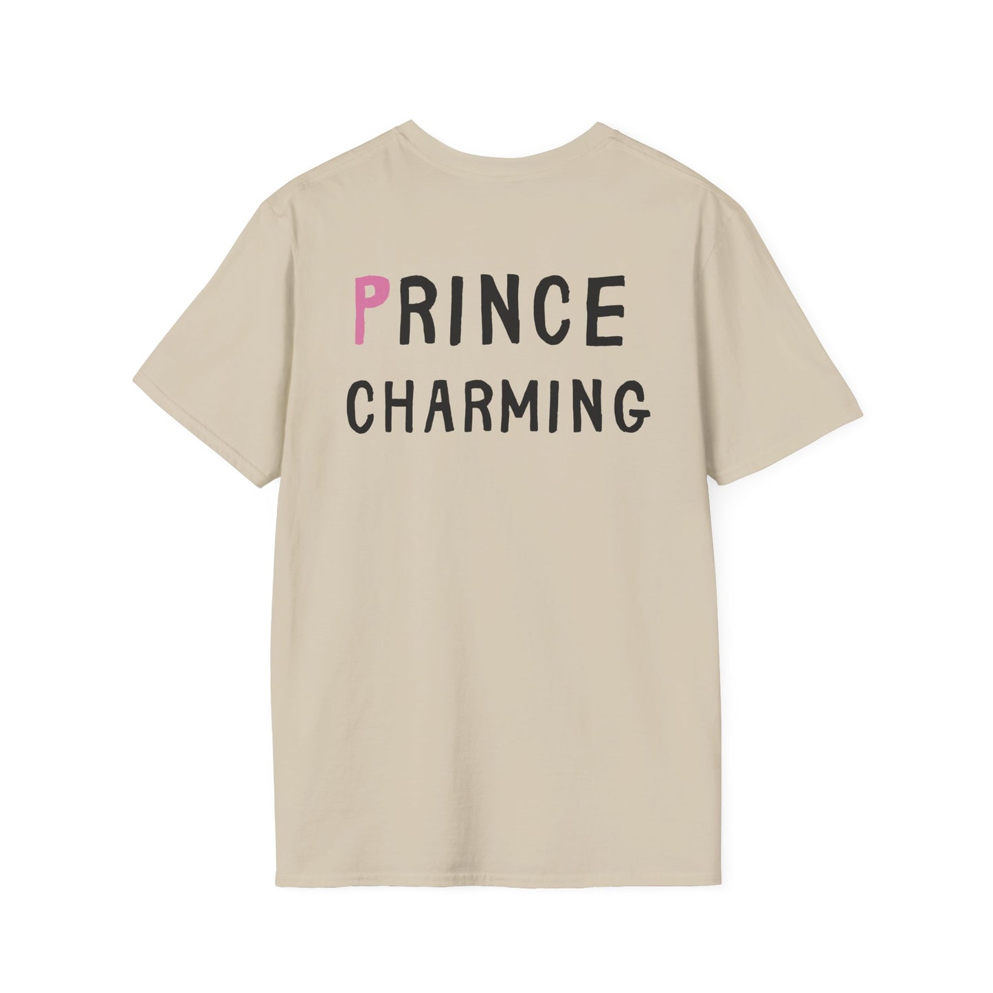 Beige t-shirt with 'PRINCE CHARMING' text on the back