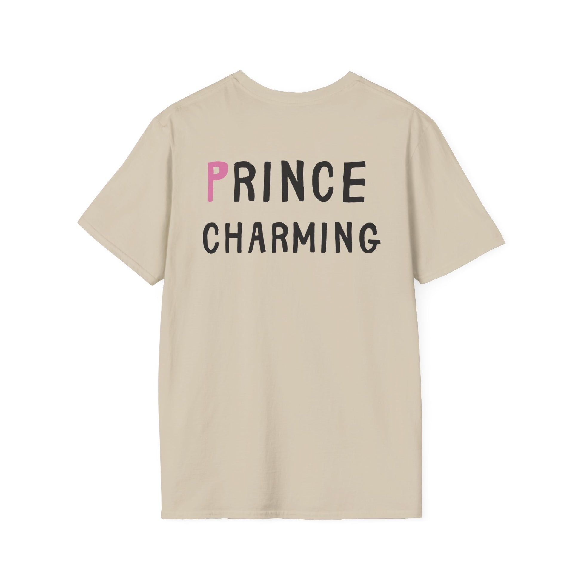 Beige t-shirt with 'PRINCE CHARMING' text on the back