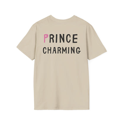 Beige t-shirt with 'PRINCE CHARMING' text on the back