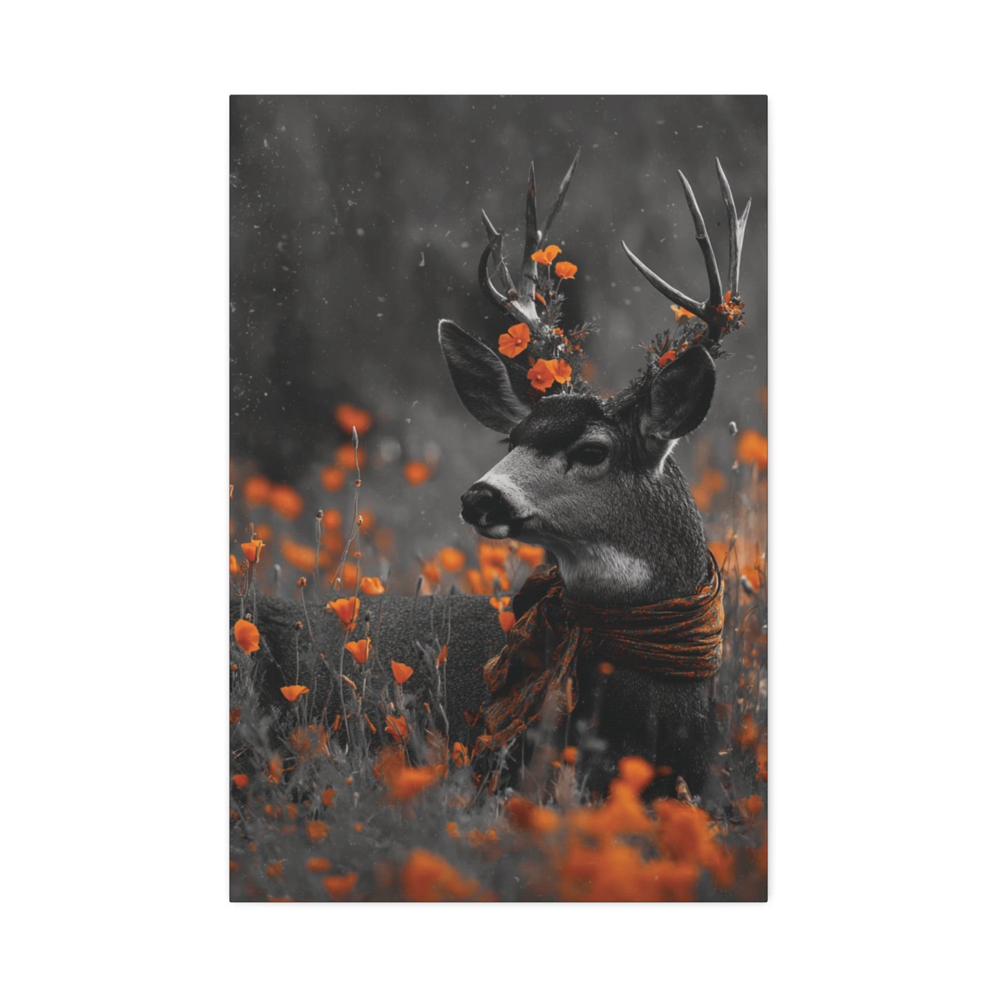 Orange Crush – Black and White Deer Canvas Wall Art with Poppy Flower Color Pop