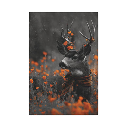 Orange Crush – Black and White Deer Canvas Wall Art with Poppy Flower Color Pop