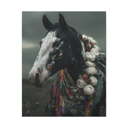 Bohemian Rhapsody- Boho Horse Wall Art Print, Black and White Floral Horse Canvas, Bohemian Rhapsody Western Decor