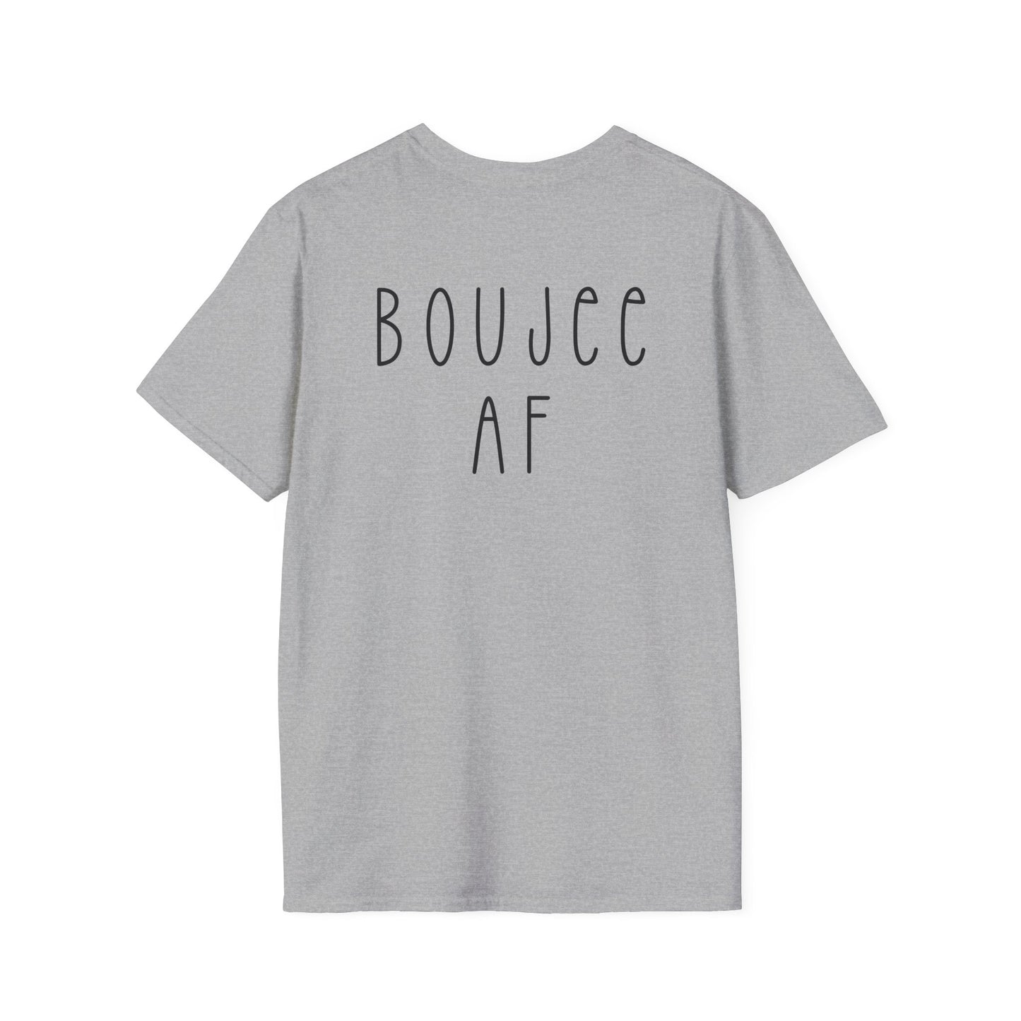 Gray t-shirt with 'BOUJEE AF' text on the back against a white background