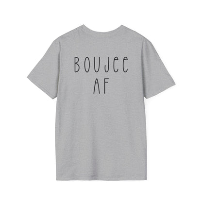 Gray t-shirt with 'BOUJEE AF' text on the back against a white background