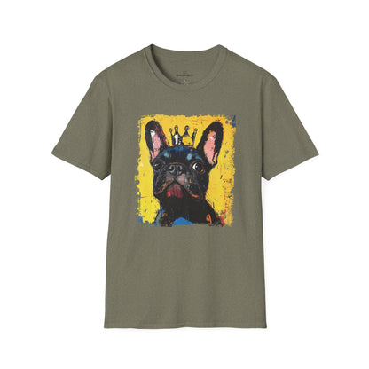Olive green t-shirt with a French Bulldog graphic on a white background