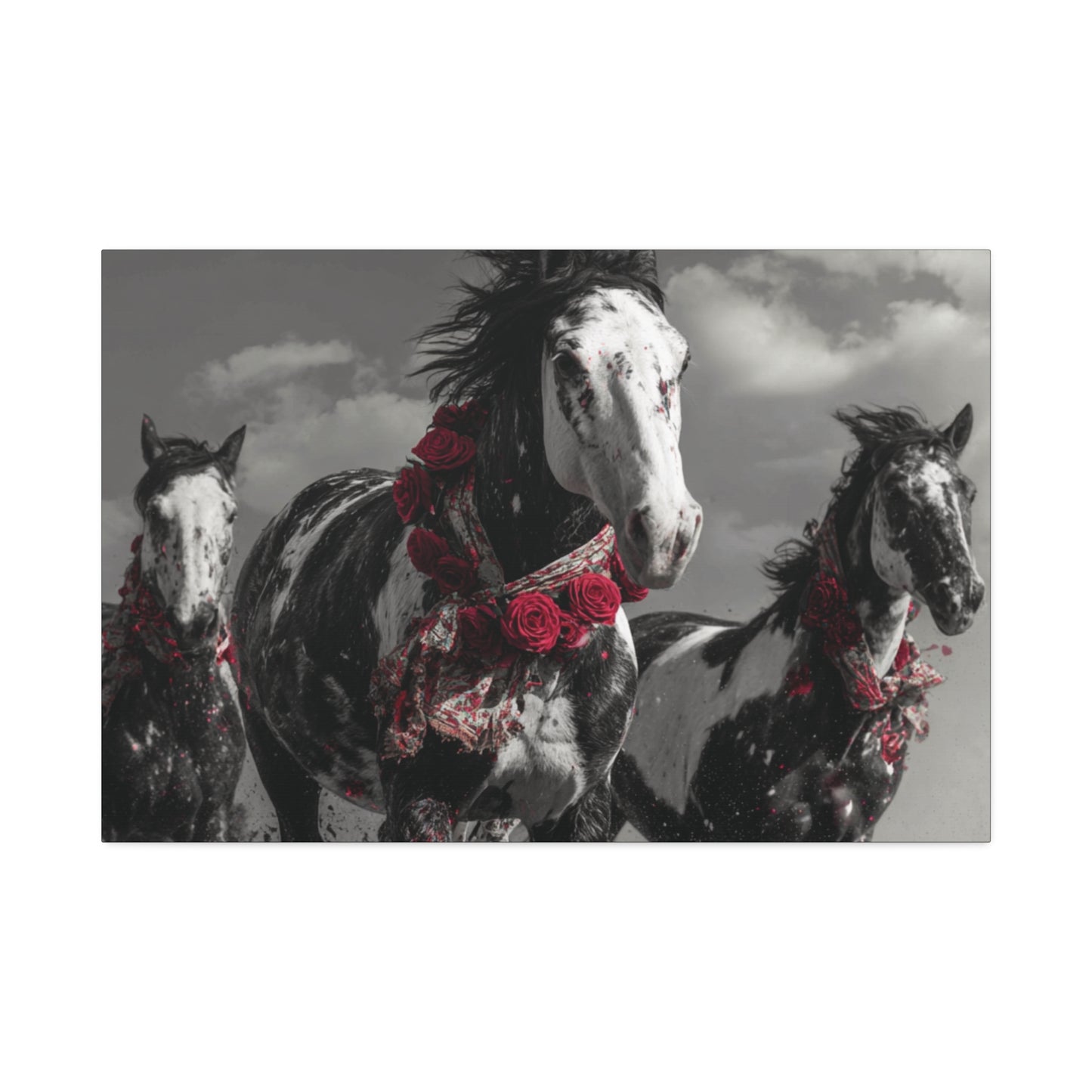 Crimson Stampede-Boho Running Horse Wall Art Print, Floral Horse Trio Canvas, Black and White Western Horse Decor