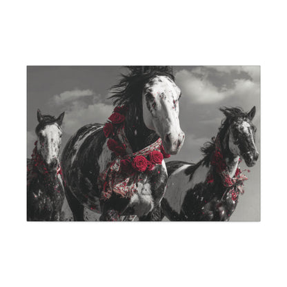 Crimson Stampede-Boho Running Horse Wall Art Print, Floral Horse Trio Canvas, Black and White Western Horse Decor