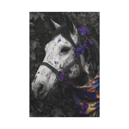 Violet Reverie – Black and White Wild Horse Canvas Art with Purple Accents