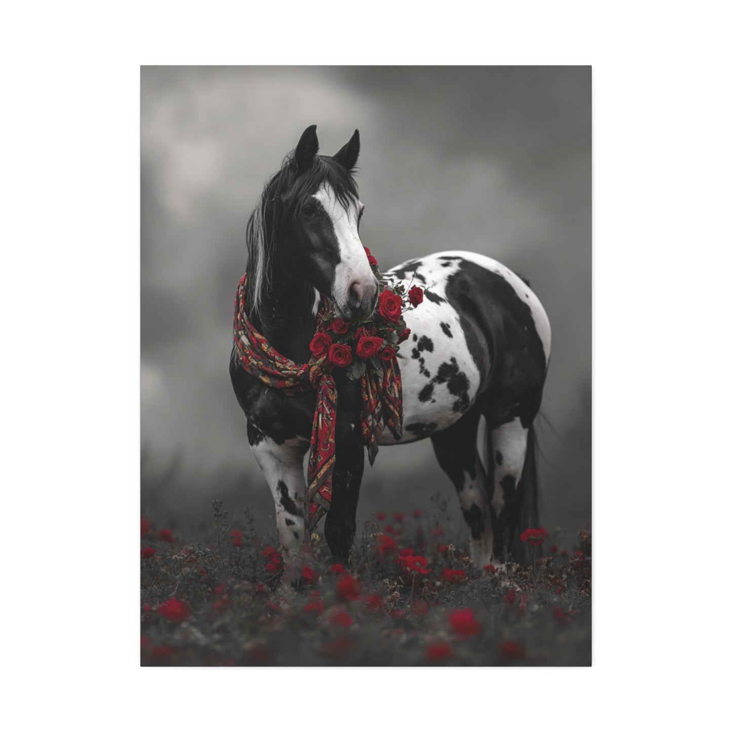 Horse with a floral wreath in a misty field