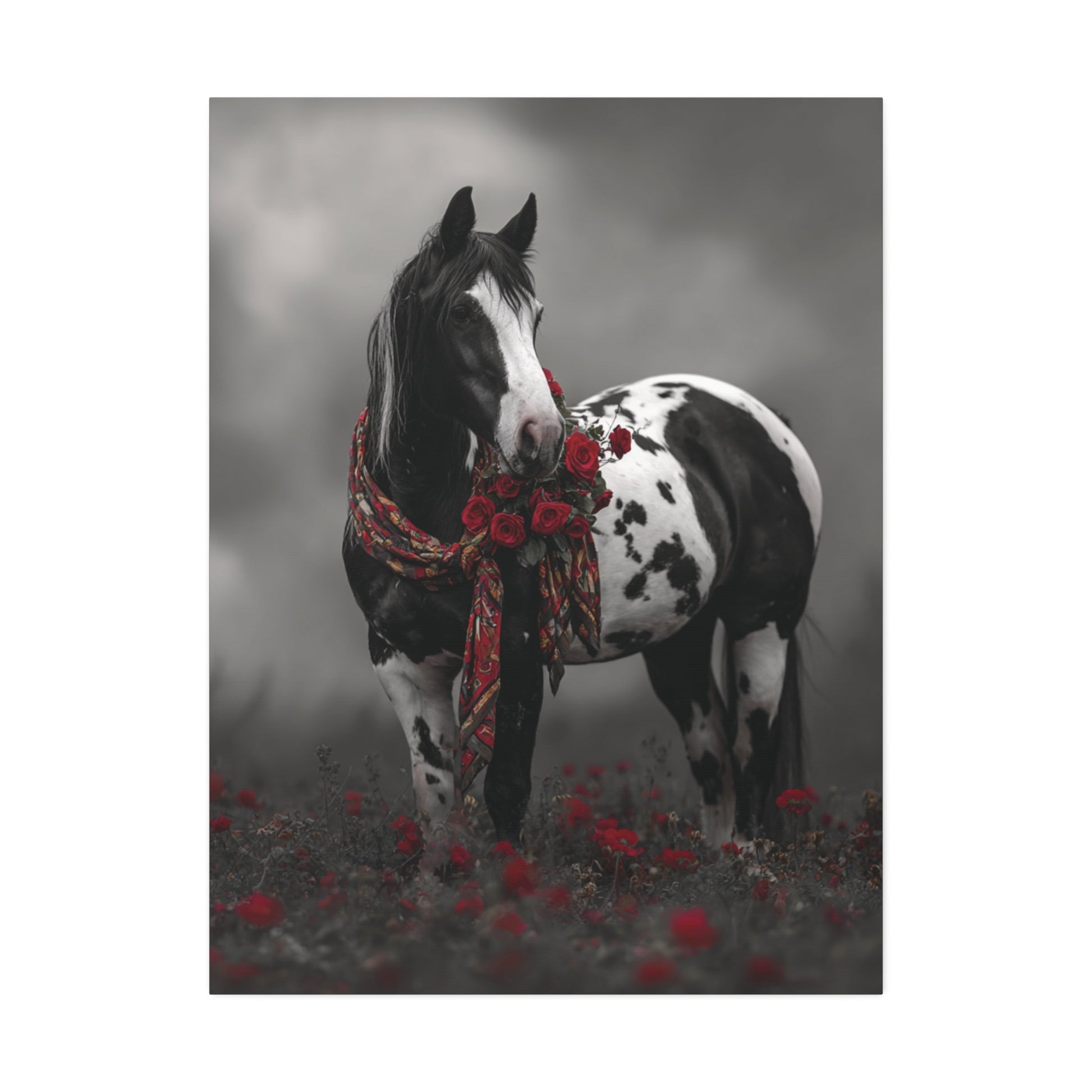 Horse with a floral wreath in a misty field