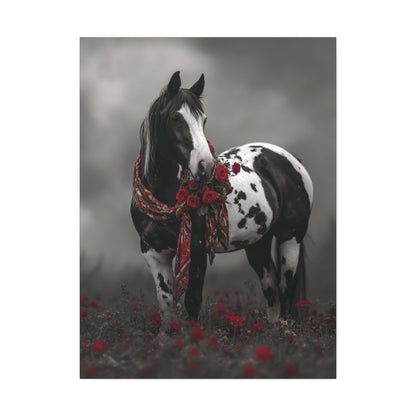 Horse with a floral wreath in a misty field