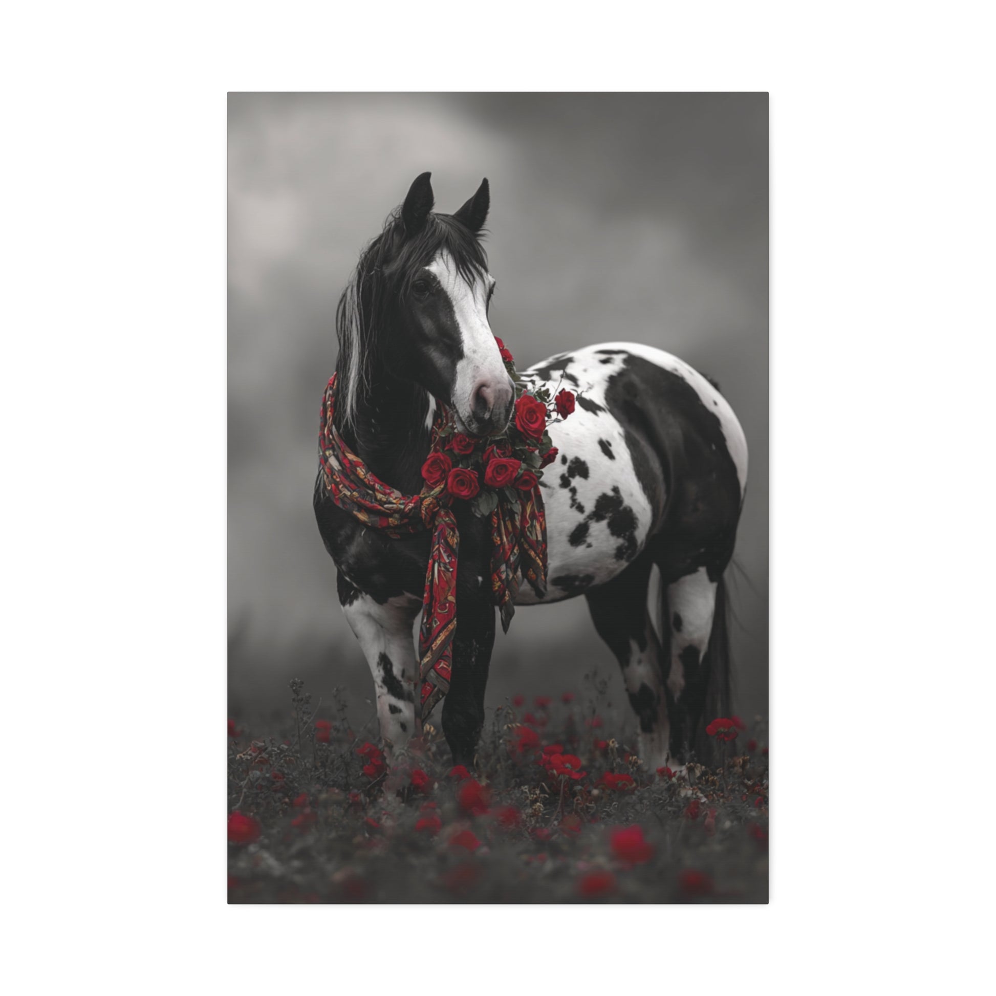 Horse with a floral wreath on a gray background