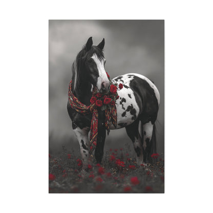 Horse with a floral wreath on a gray background