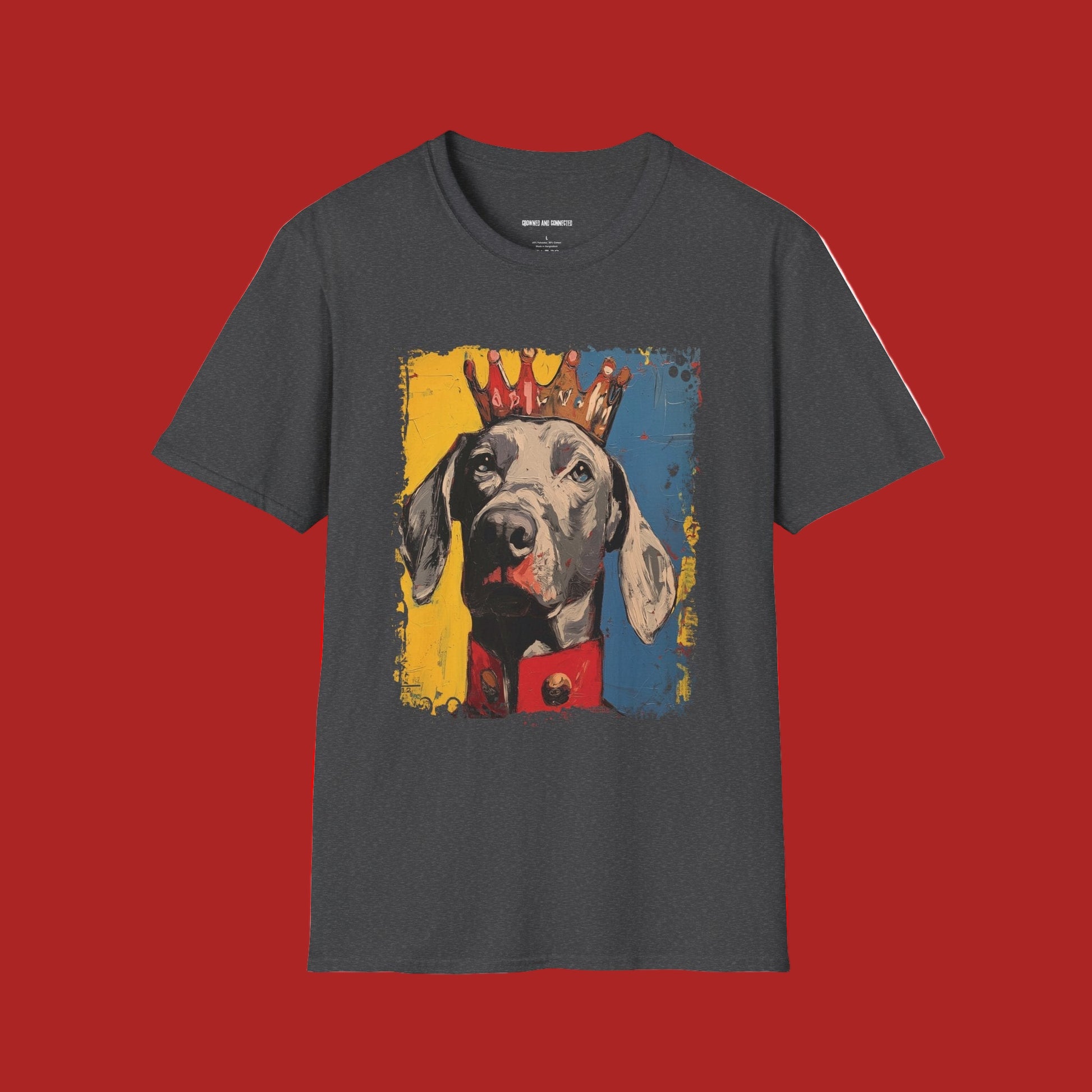 Gray t-shirt with a colorful Weimaraner dog graphic on a white background