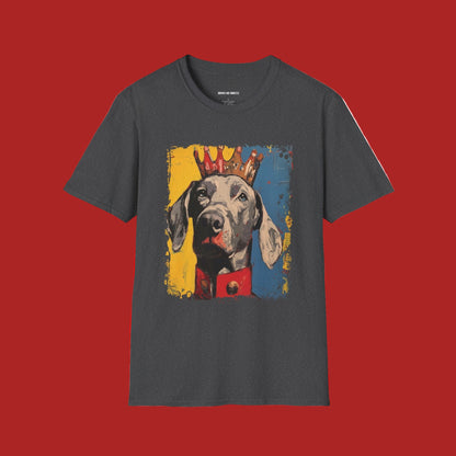 Gray t-shirt with a colorful Weimaraner dog graphic on a white background