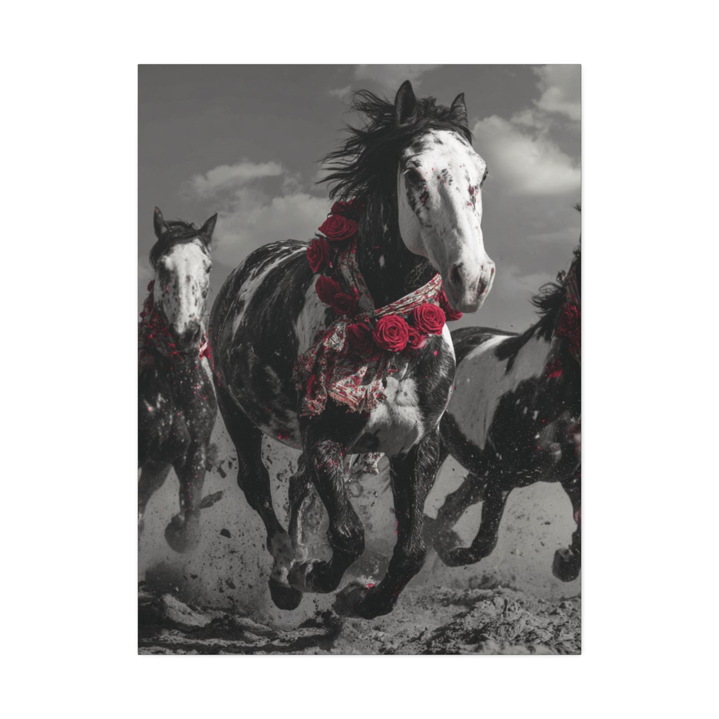 Crimson Stampede-Boho Running Horse Wall Art Print, Floral Horse Trio Canvas, Black and White Western Horse Decor