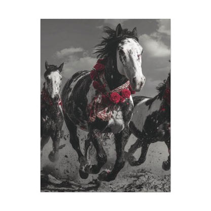 Crimson Stampede-Boho Running Horse Wall Art Print, Floral Horse Trio Canvas, Black and White Western Horse Decor