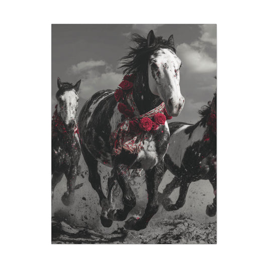 Crimson Stampede-Boho Running Horse Wall Art Print, Floral Horse Trio Canvas, Black and White Western Horse Decor