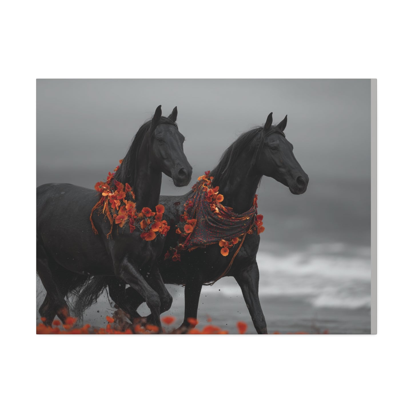 Autumn Noir-Black Horse Wall Art Print, Running Horse Pair Canvas, Floral Boho Horse Decor, Western Animal Artwork
