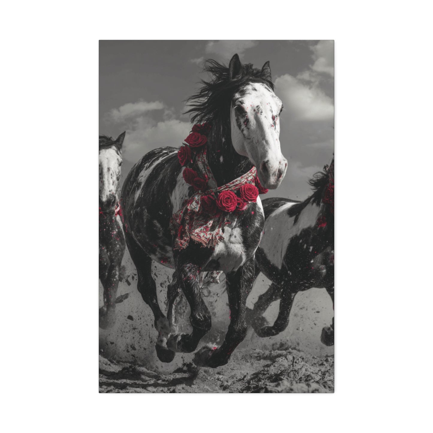 Crimson Stampede-Boho Running Horse Wall Art Print, Floral Horse Trio Canvas, Black and White Western Horse Decor