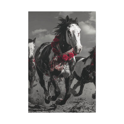 Crimson Stampede-Boho Running Horse Wall Art Print, Floral Horse Trio Canvas, Black and White Western Horse Decor