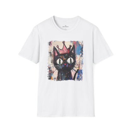 White t-shirt with a colorful cat graphic on a white background