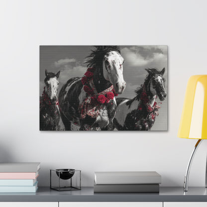 Crimson Stampede-Boho Running Horse Wall Art Print, Floral Horse Trio Canvas, Black and White Western Horse Decor