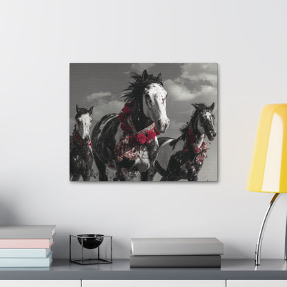 Crimson Stampede-Boho Running Horse Wall Art Print, Floral Horse Trio Canvas, Black and White Western Horse Decor