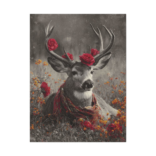Scarlet Monarch-Boho Deer Wall Art Print, Floral Stag Canvas, Rustic Woodland Deer Decor, Rose Antler Wildlife Art