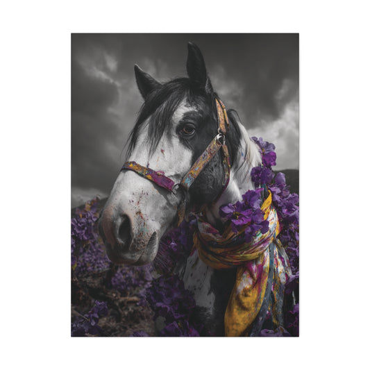 Purple Reign – Black and White Wild Horse Canvas Art with Purple Accents