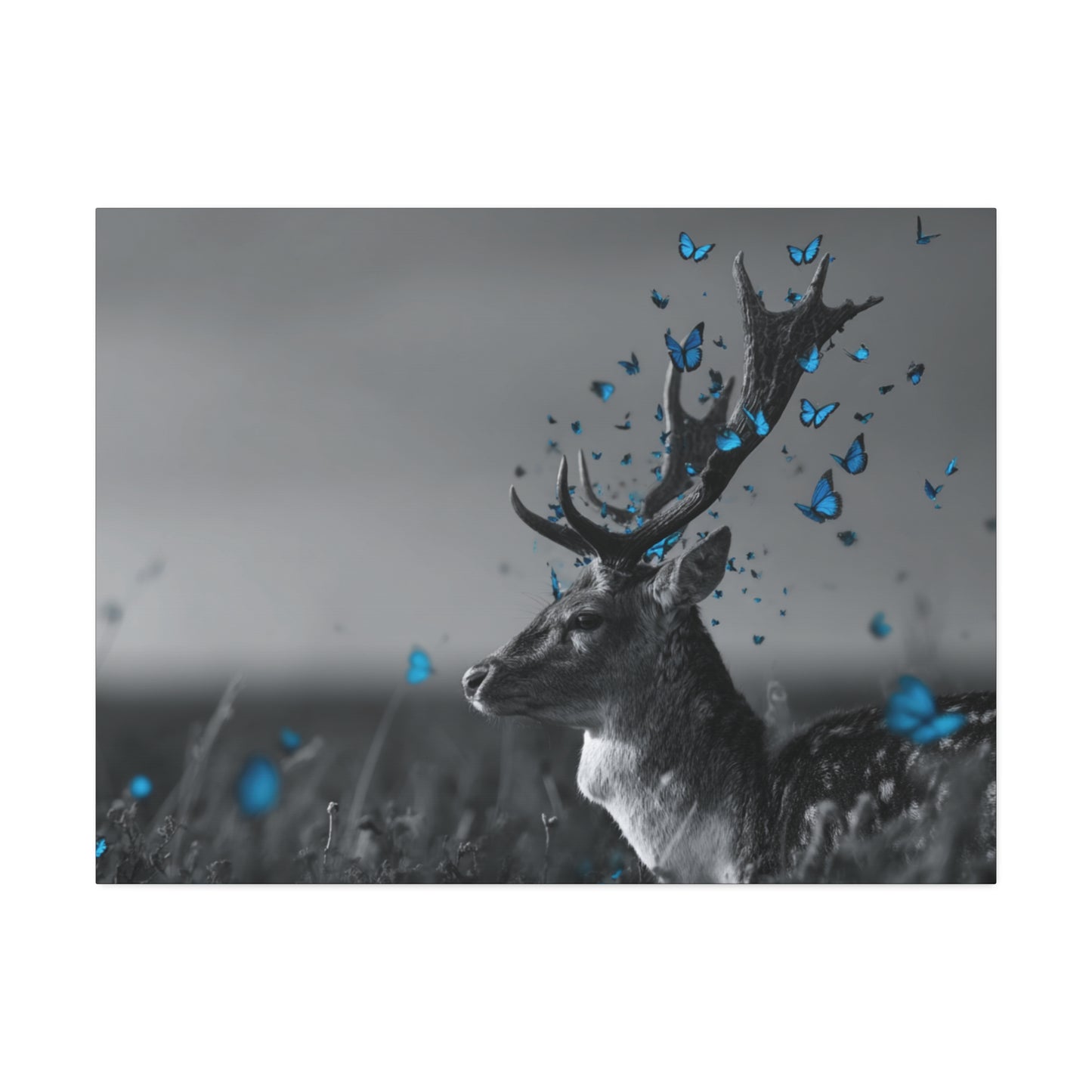 Crown of Wings | Black and White Deer Canvas Art with Blue Butterflies – Rustic Wildlife Wall Decor