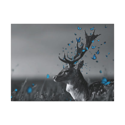 Crown of Wings | Black and White Deer Canvas Art with Blue Butterflies – Rustic Wildlife Wall Decor