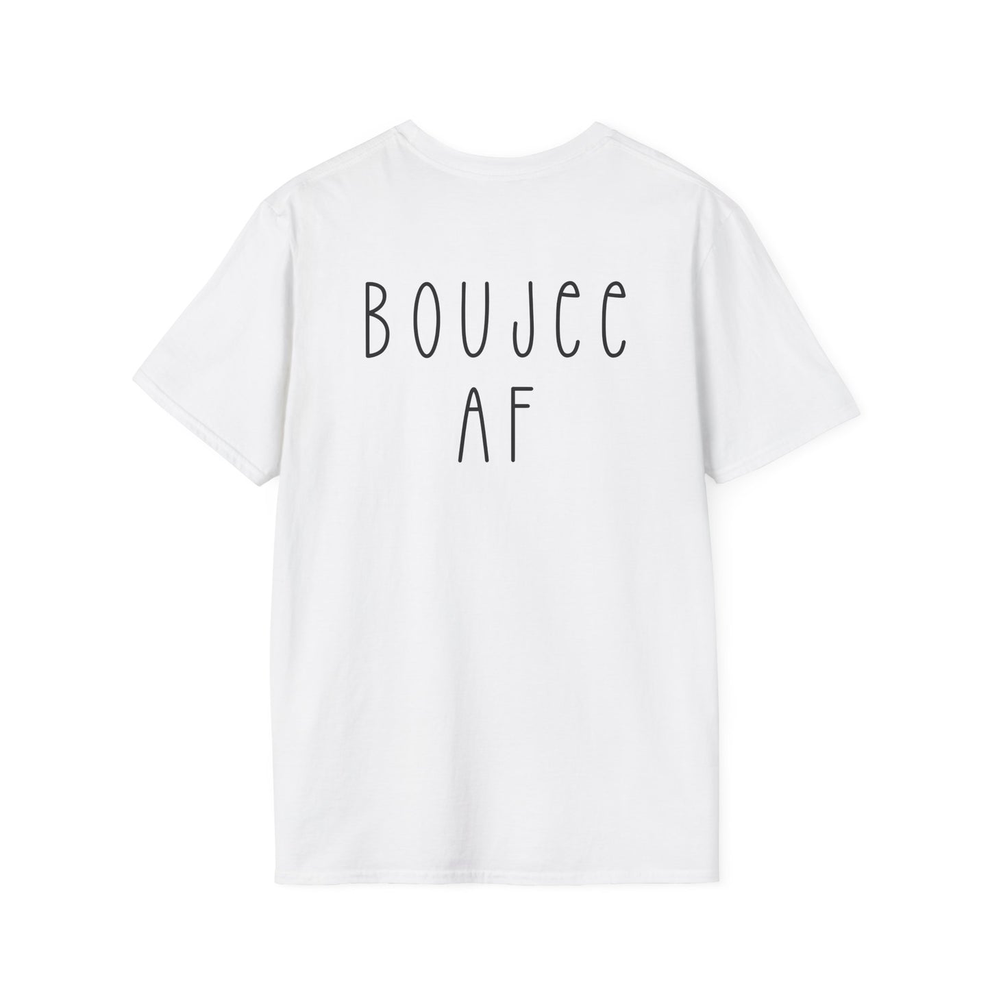 White t-shirt with 'BOUJEE AF' text on a white background