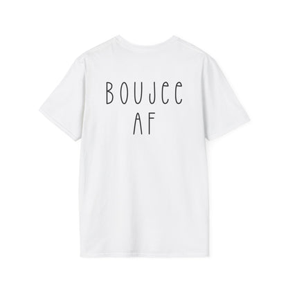 White t-shirt with 'BOUJEE AF' text on a white background