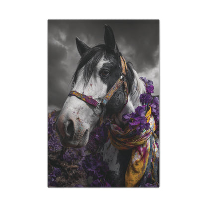Purple Reign – Black and White Wild Horse Canvas Art with Purple Accents