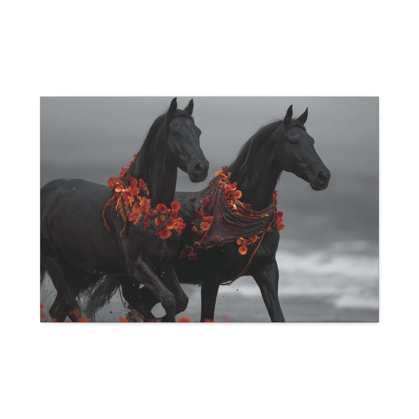 Autumn Noir-Black Horse Wall Art Print, Running Horse Pair Canvas, Floral Boho Horse Decor, Western Animal Artwork
