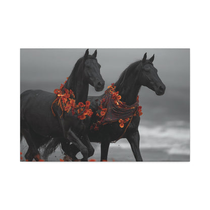 Autumn Noir-Black Horse Wall Art Print, Running Horse Pair Canvas, Floral Boho Horse Decor, Western Animal Artwork