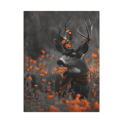 Orange Crush – Black and White Deer Canvas Wall Art with Poppy Flower Color Pop