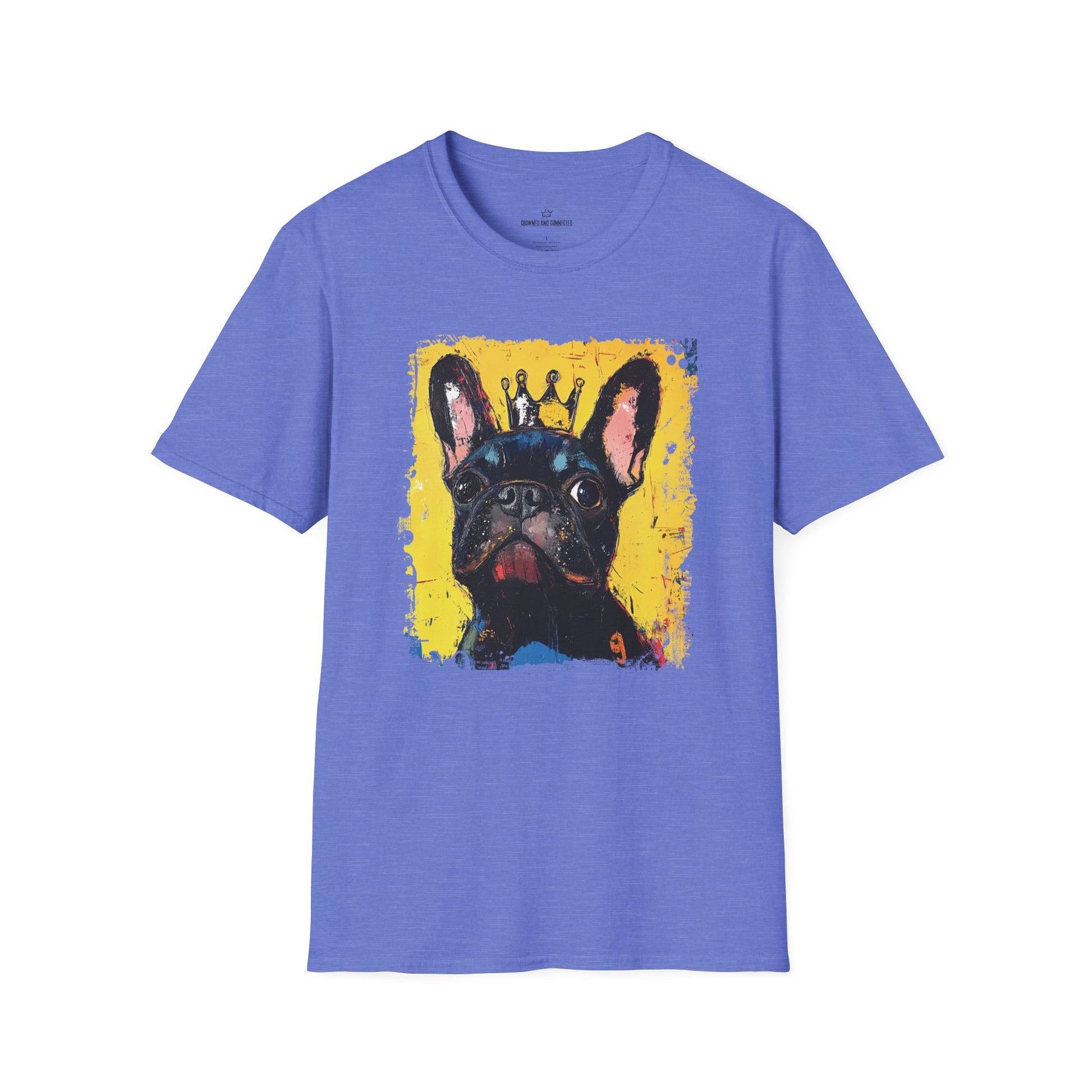 Blue t-shirt with a colorful French Bulldog graphic on a white background