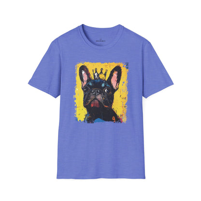Blue t-shirt with a colorful French Bulldog graphic on a white background