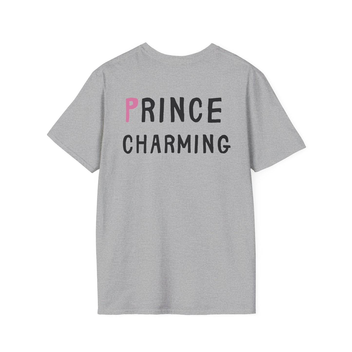 Gray t-shirt with 'PRINCE CHARMING' text on the back, pink letter 'P'.